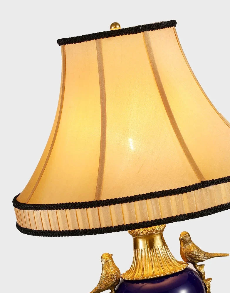 French Vintage Copper Bird Table Lamp - Fabric Lampshade