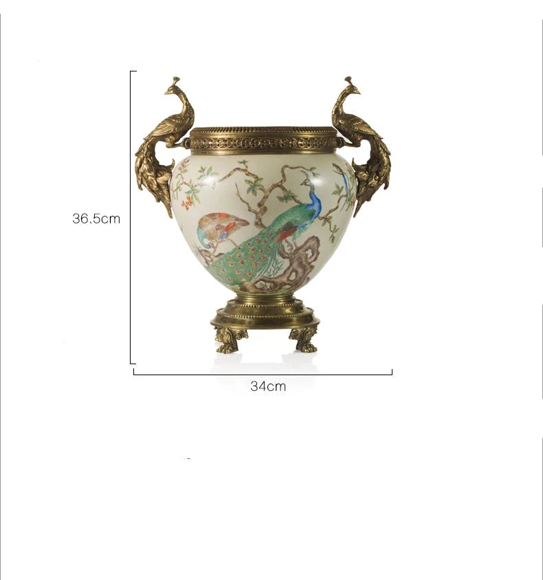 European Peacock Decorative Ceramics with Copper Flower Pot Ornaments