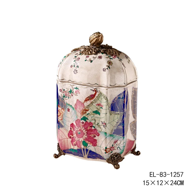 Luxury Ceramic Copper Hand-Painted Flowers and Plants Pink Hexagonal Narrow-Neck Bottle Ornaments