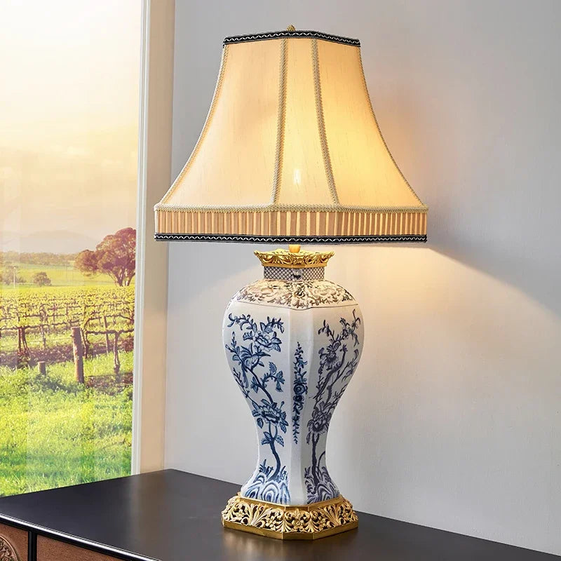 Blue and white ceramics with copper handicraft desk lamp