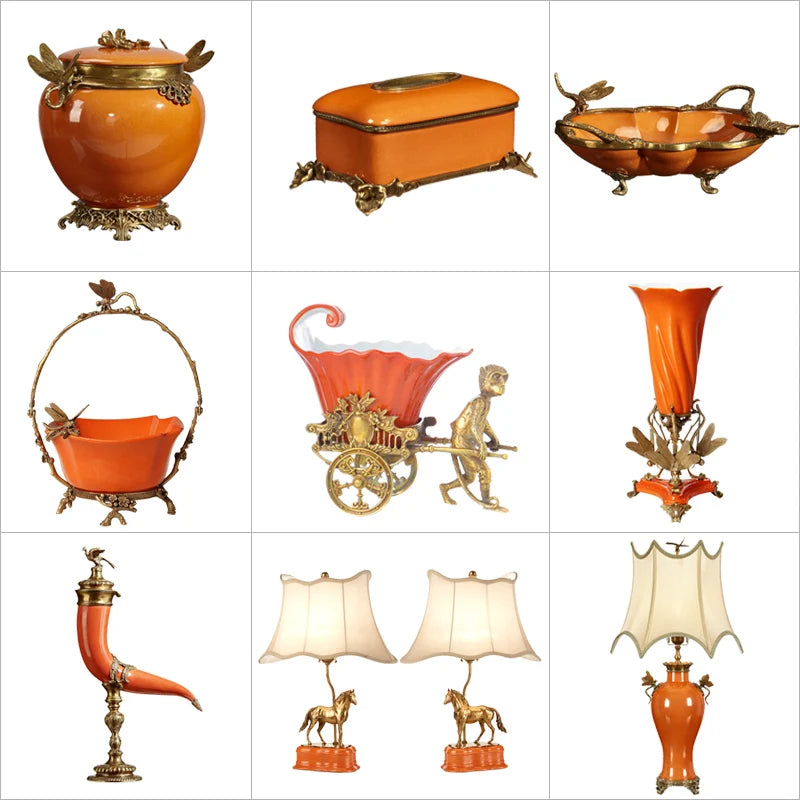 Orange ceramic inlay copper creative ornaments set