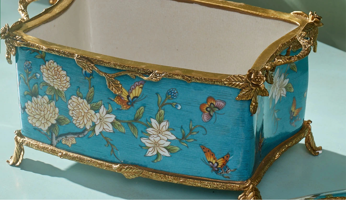 Blue painted porcelain with brass decoration Ornaments