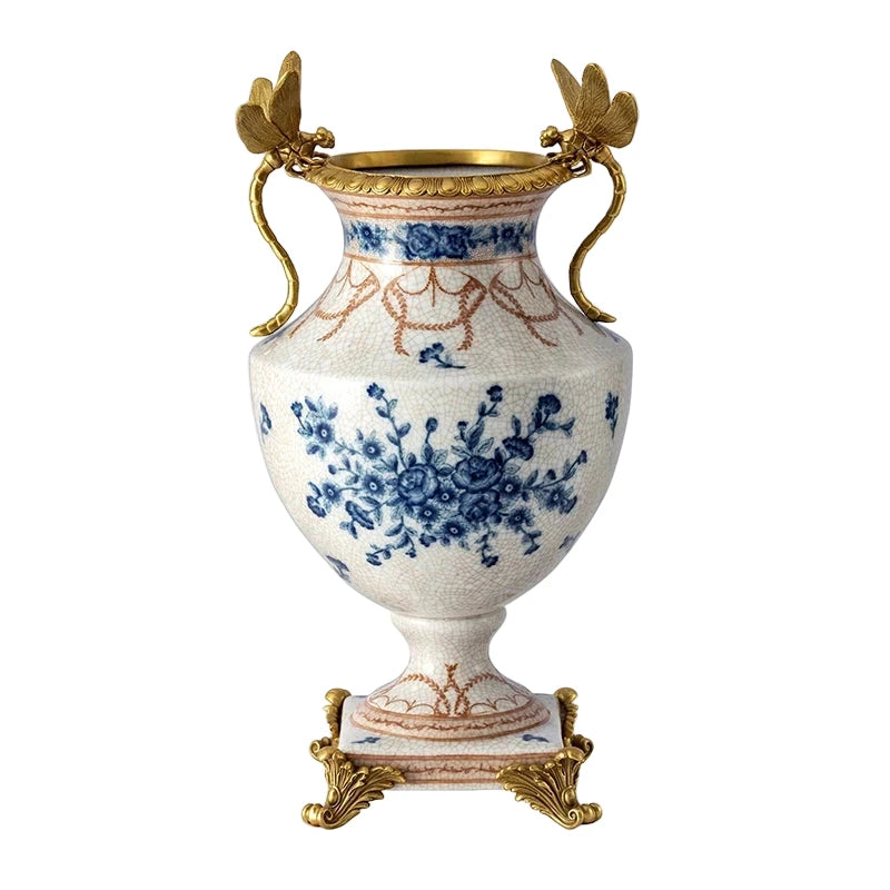 Decorative vase with blue floral patterns and gold accents for luxury decor in ksa , uae, Kuwait qatar for luxury enterior design  