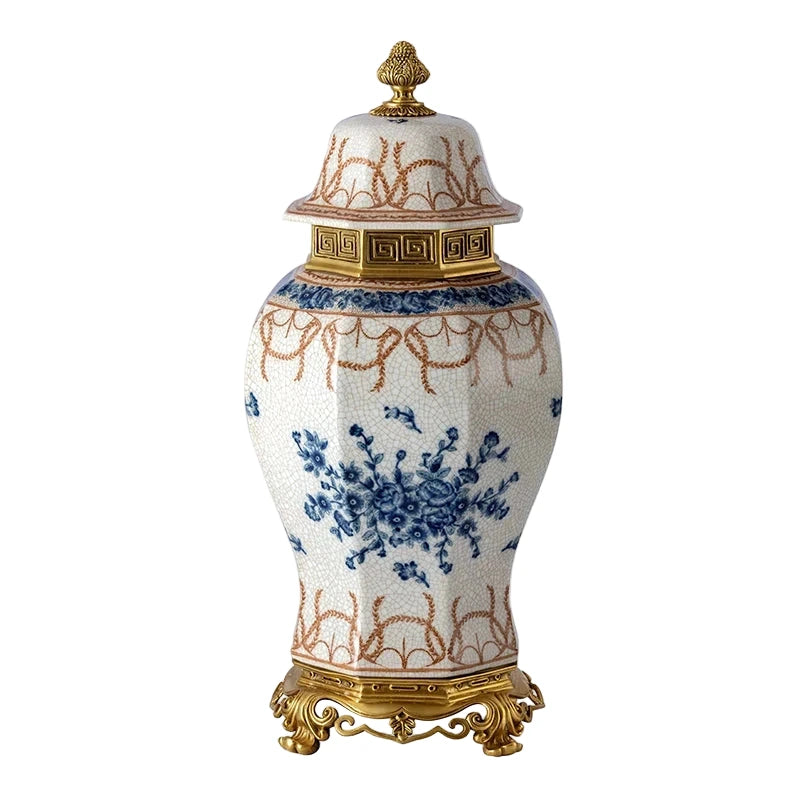 Decorative ceramic vase with blue floral patterns and gold accents - vase with blue ceramic jar for elegant decor - Luxury and elegant decor - Ornament set 
