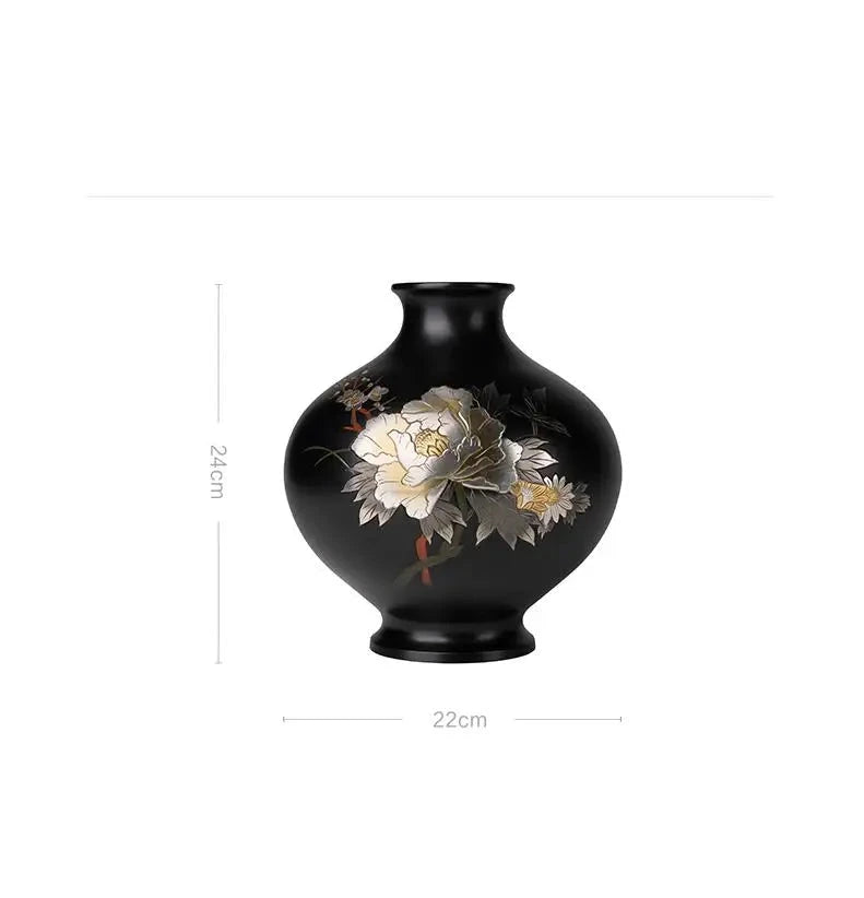 Black Bronze Chisel engraving peony flower Vase