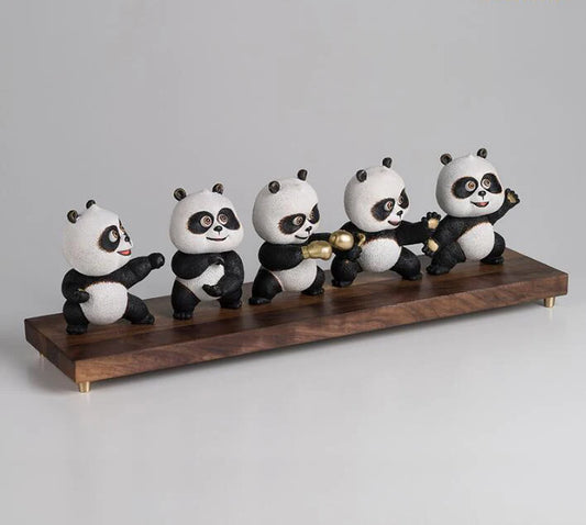 Pure Brass Panda Balck White kung fu Animal sculpture set