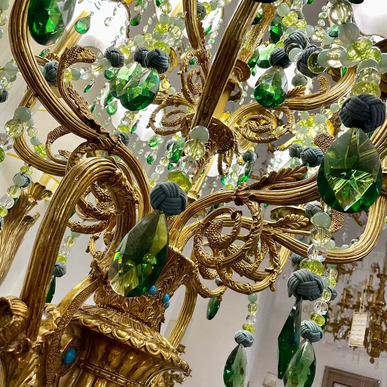 Gold chandelier with green and clear crystal decorations - floor lamp 