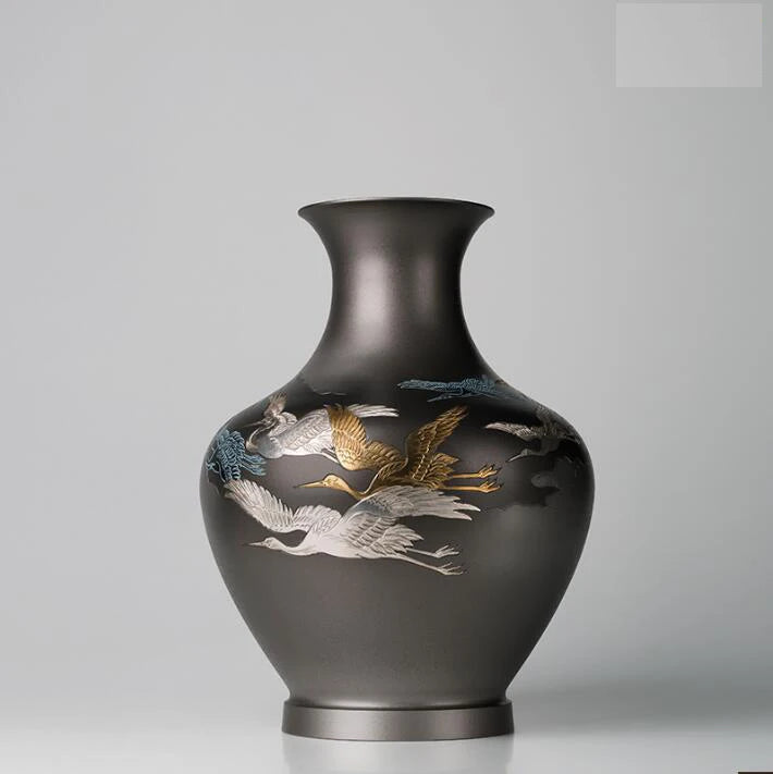 Pure Brass painted Silver red-crowned crane Vase Pot