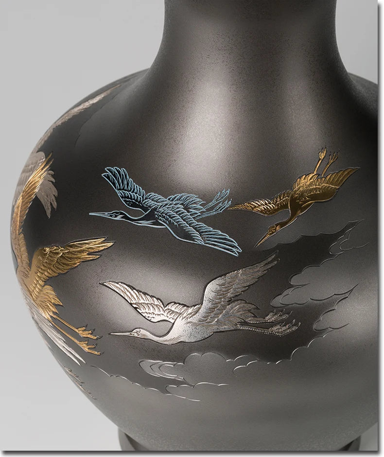 Pure Brass painted Silver red-crowned crane Vase Pot