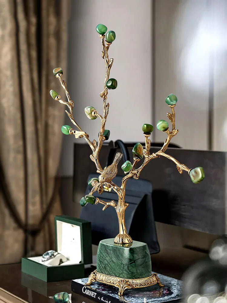 Luxury Brass Green Red Spar Agate Fortune Tree Decoration