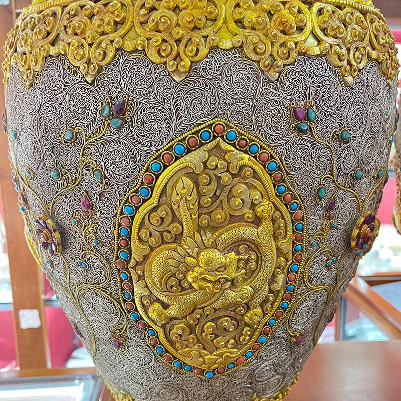 Nepal filigree vase copper gilt silver jewelry ornament