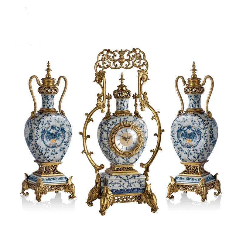 French exquisite hand-painted blue and white ceramic with copper ornament