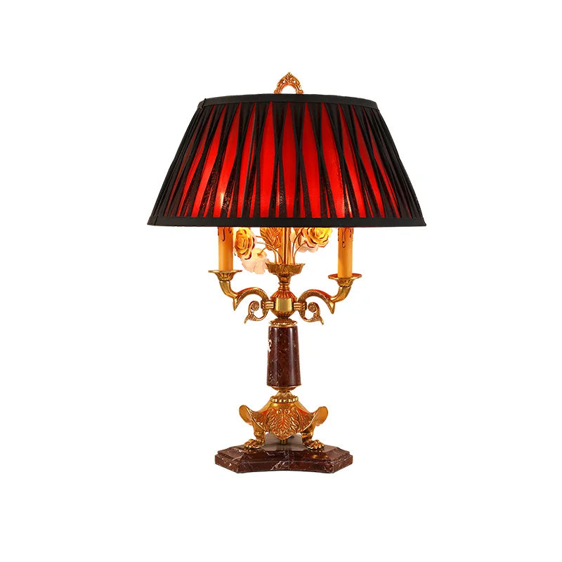 French Classical Style Handmade Lost Wax Full Copper Marble Table Lamp-Red Lampshade 