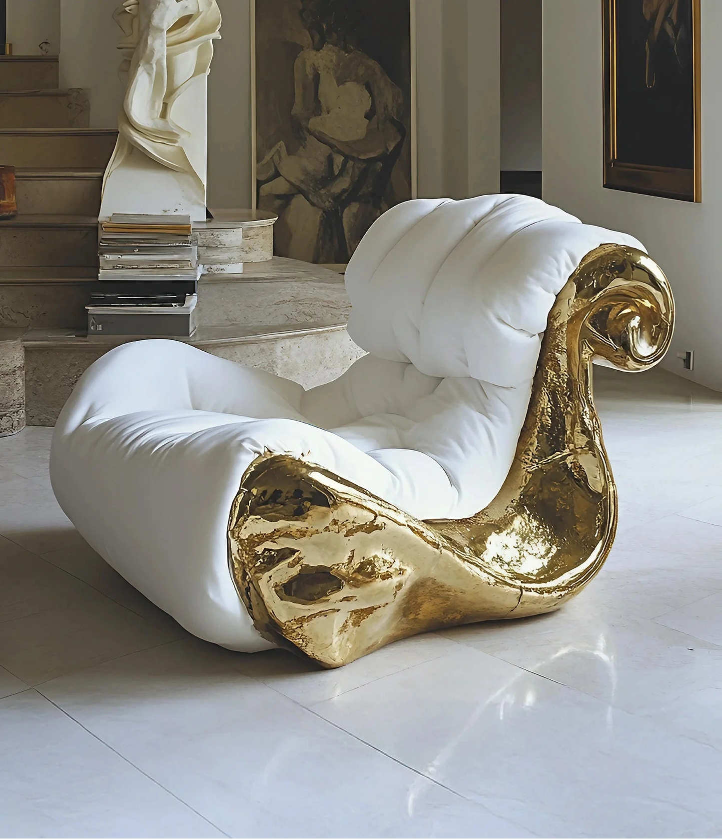  Elegant modern white and gold art sofa chair in KSA for luxury villa interiors - Luxury Furniture 