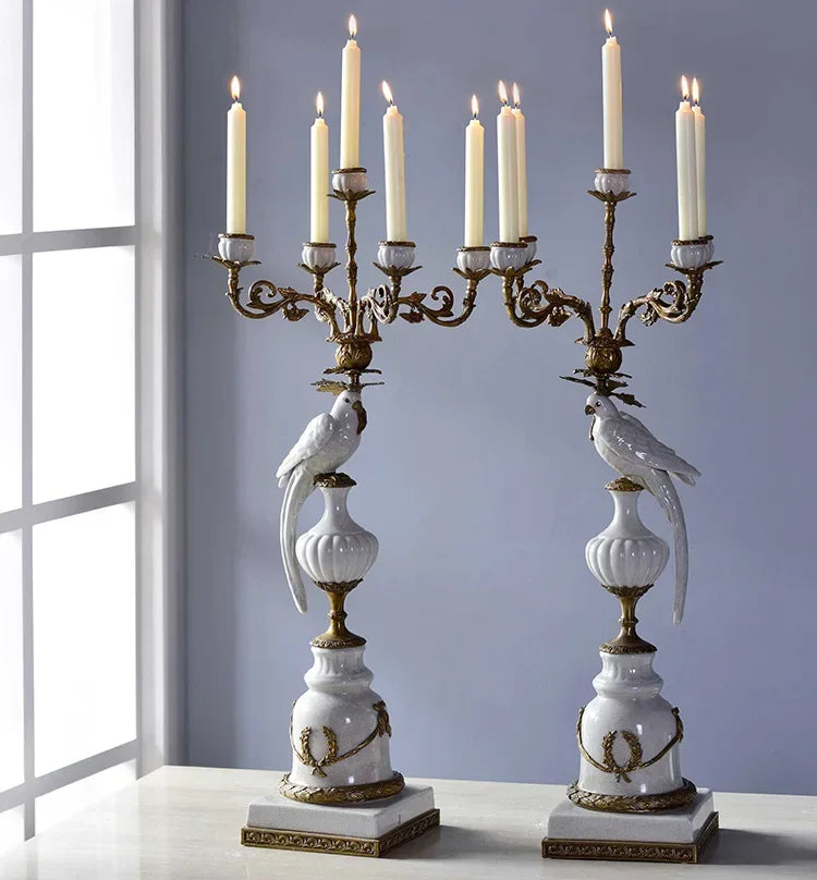 European luxury 5 arms ceramic with pure copper bird candlestick holder