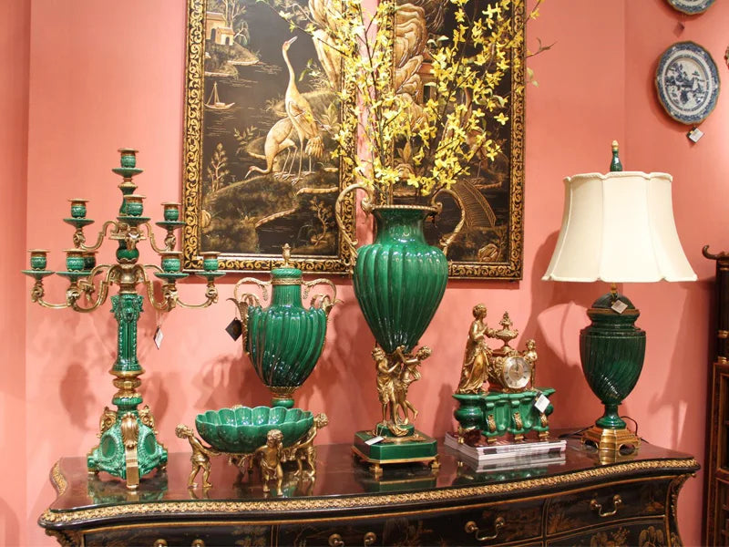 Elegant green and gold ornament set featuring vases, lamps, and sculptures  -luxury ornament collection  - Luxury interior décor 