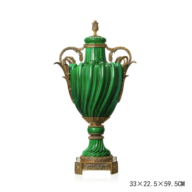 Decorative green urn with gold accents - Luxury home decor 