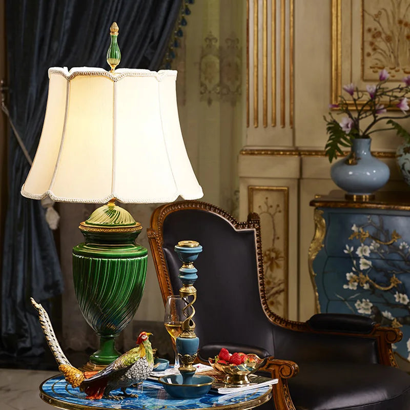 Luxury decorative lamp with white shade and green ceramic base - elegant living room table lamp - luxury home decor