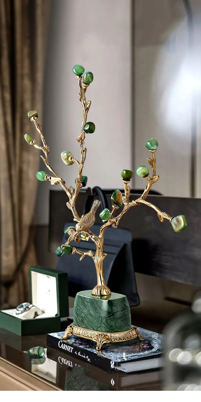 Luxury Brass Green Red Spar Agate Fortune Tree Decoration