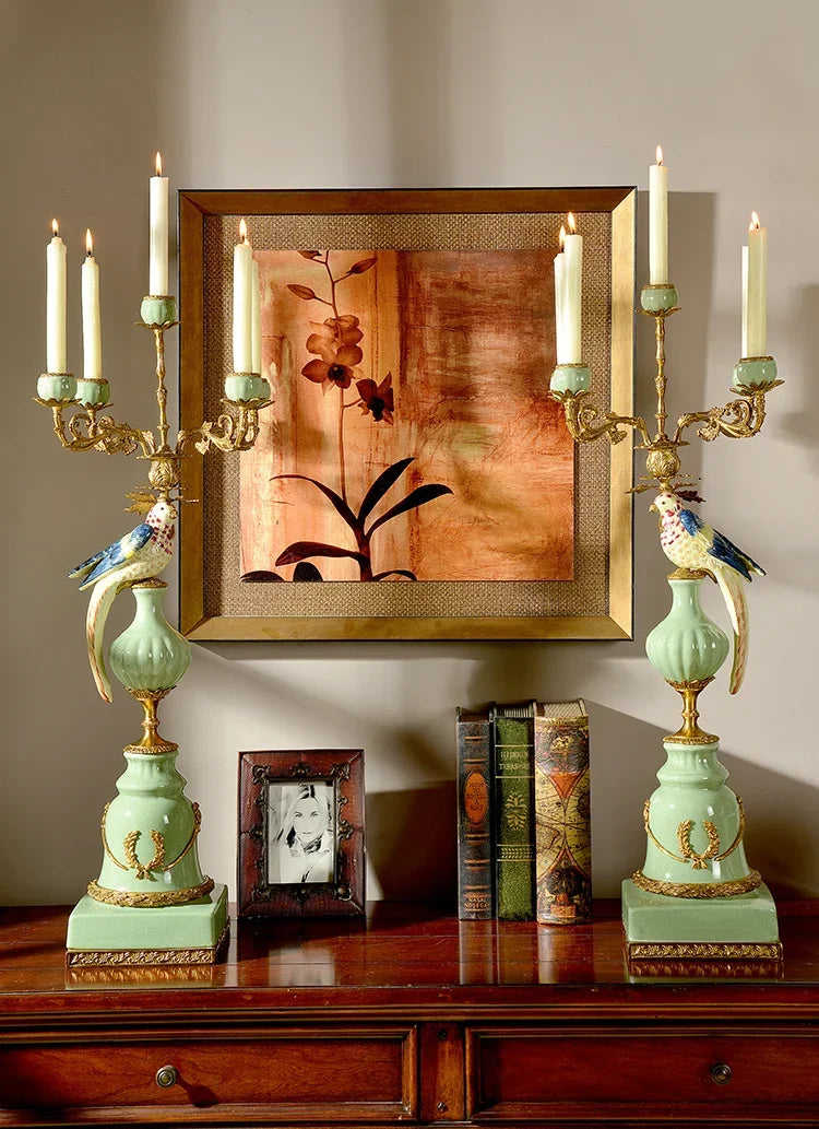 European luxury 5 arms ceramic with pure copper bird candlestick holder