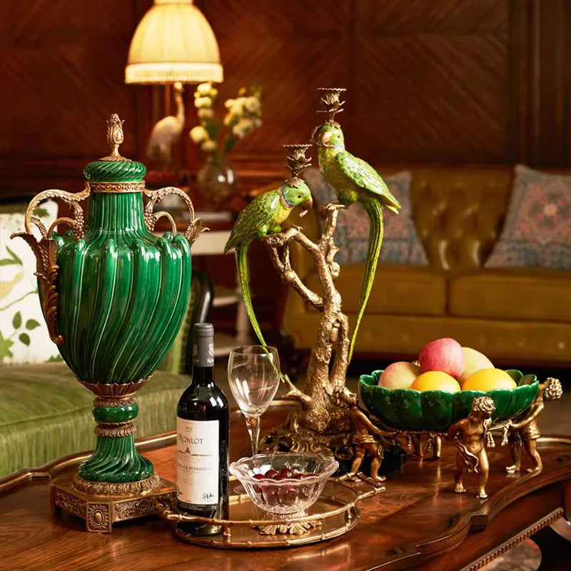 High-end table decoration with green urn,  and fruit bowl - Luxury living room decor 