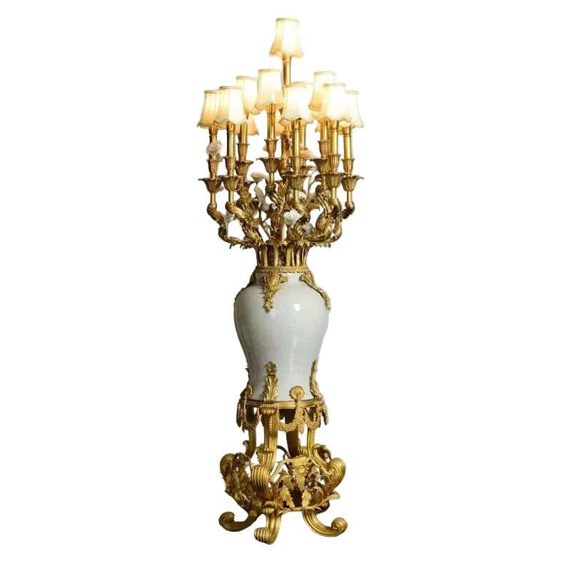 Gorgeous brass and copper floor lamp with white marble base for luxury villas, royal palaces, and grand majlis in UAE, KSA, Qatar, Kuwait 