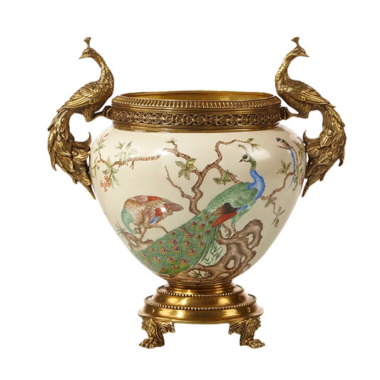 European Peacock Decorative Ceramics with Copper Flower Pot Ornaments