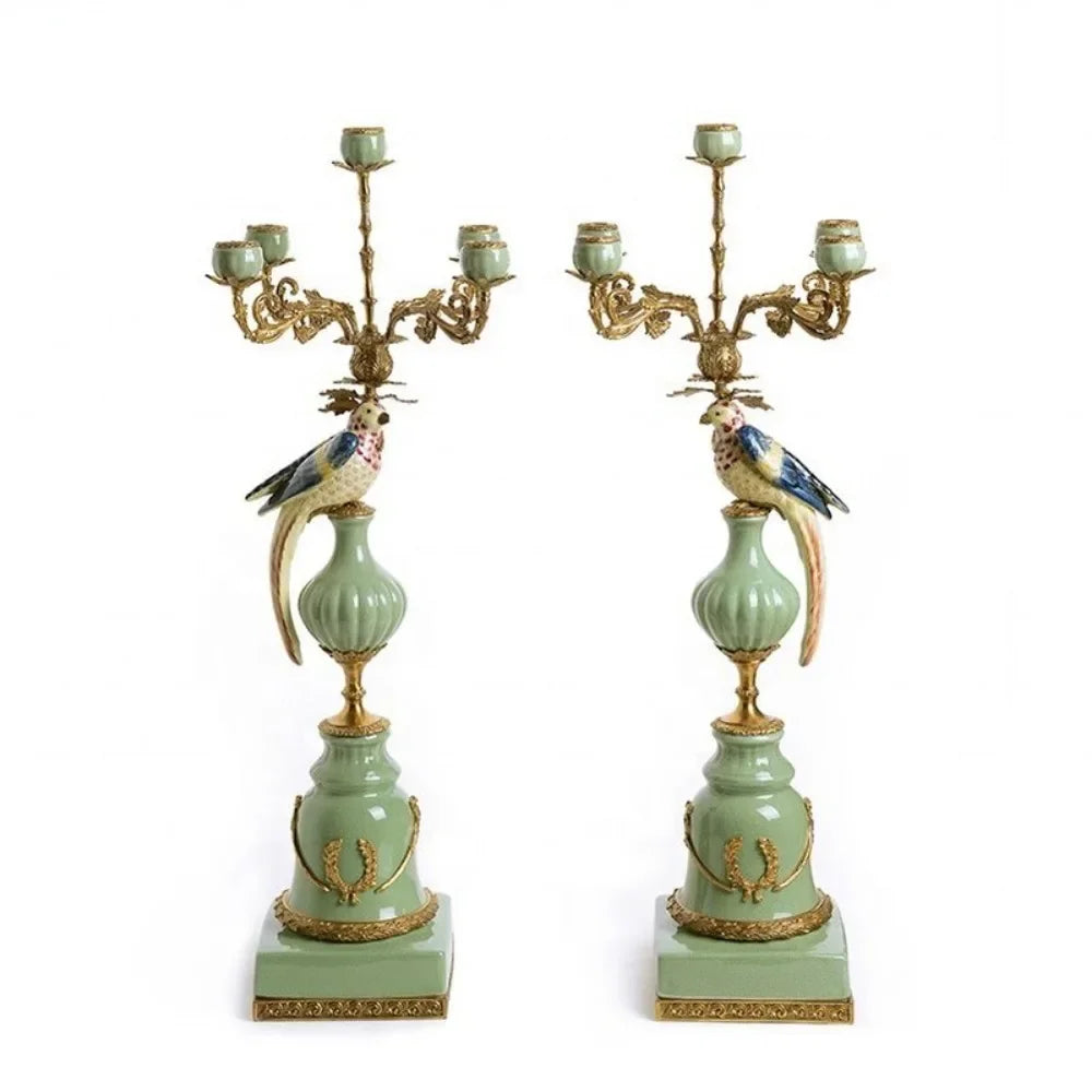 European luxury 5 arms ceramic with pure copper bird candlestick holder