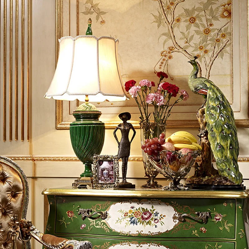 Luxury decorative green lamp with peacock figurine and floral arrangement – elegant home décor - Luxury interior design 