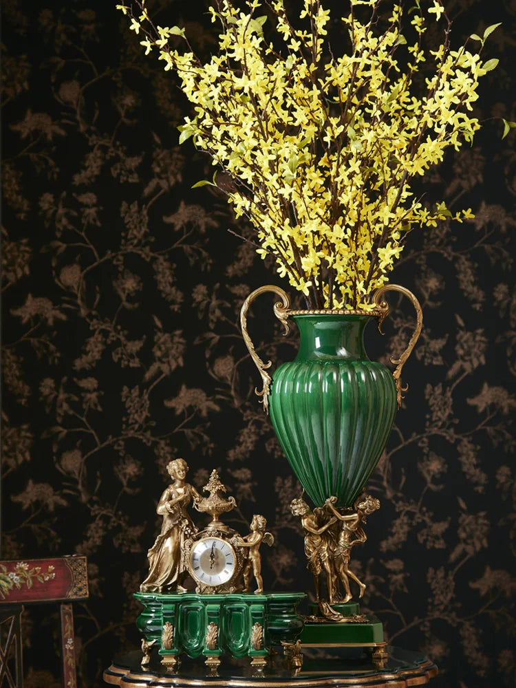 Luxury decorative green urn with gold accents and classical figures – elegant antique home décor - Luxury big vase for elegant Home decor 