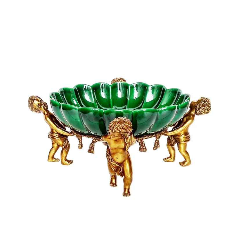 Decorative green bowl with gold cherub figures - Luxury Home decor 