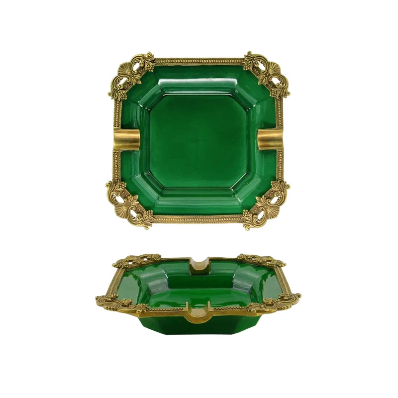 Green and gold decorative ashtray set 