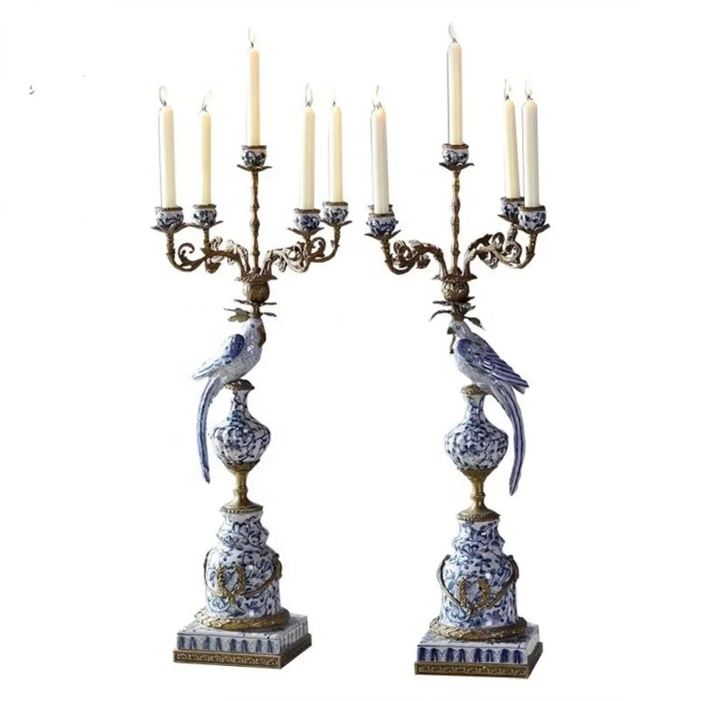 European luxury 5 arms ceramic with pure copper bird candlestick holder