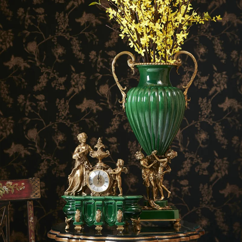 high-end decorative urn in green and gold with classical motifs – vintage European décor -elegant antique home décor